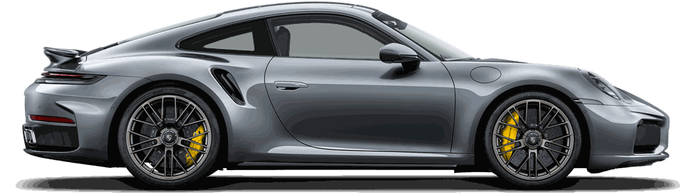Porsche 911 Turbo S in grey, side profile.
